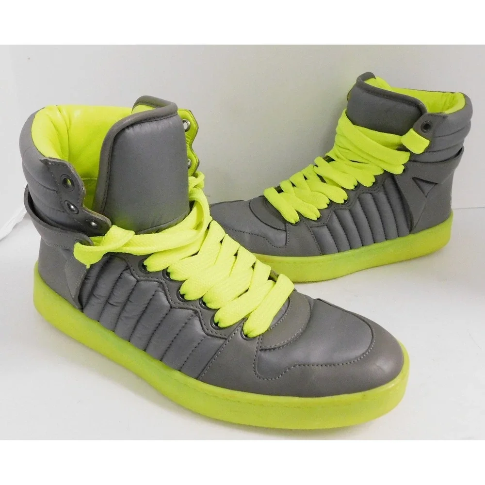 GUCCI Mens Hudson Quilted High Top Sneakers Gray Neon Green sz 41 G  US 8 appox